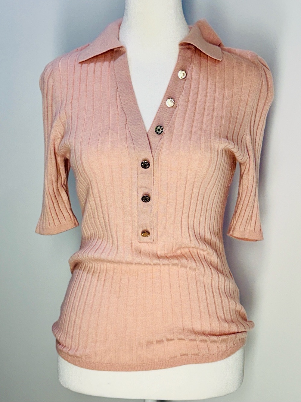 White House Black Market Ribbed Polo Tee in Blush Pink